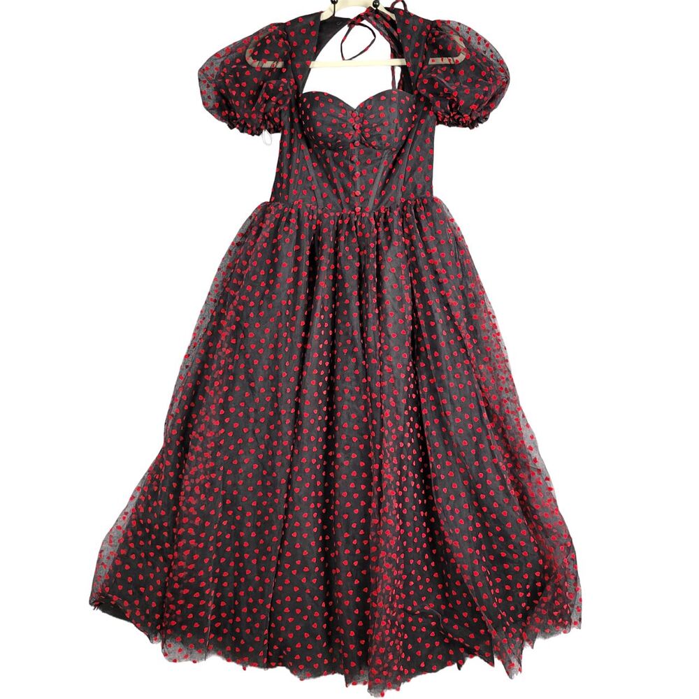 Black Red Tulle Fluttering Hearts Corset Dress Puff Sleeves Prom Formal SIZE 0